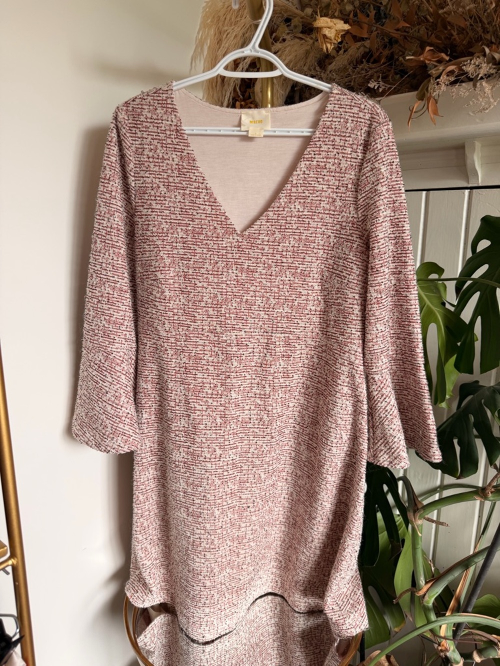 Maeve Blush-Pink Textured V-Neck Long Sleeve Dress